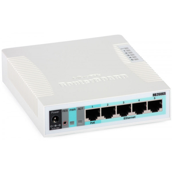 Комутатор Mikrotik RB260GS, 5 Gigabit ports and SFP cage, SwOS, plastic case, PSU
