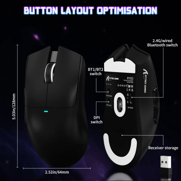 Мишка Attack Shark X11SE, Wireless//Bluetooth, 22000dpi. (PAW3311), 6кн., Black