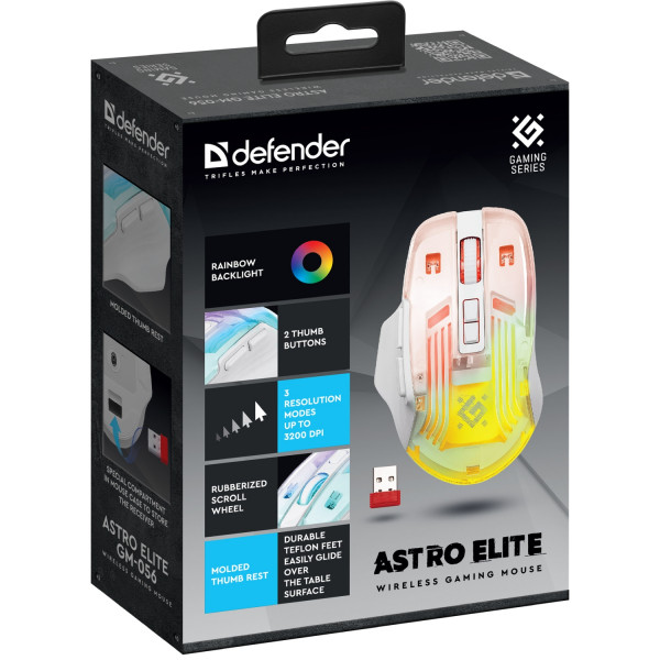 Мишка Defender Astro Elite GM-056, бездротова, ігрова, 3200dpi., 7кн., 500 mAh, біла