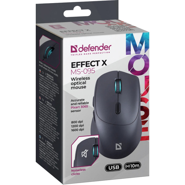 Мишка Defender Effect X MS-095, бездротова, 6 кн. до 1600 dpi, безшумна, чорна