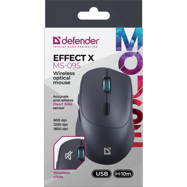Мишка Defender Effect X MS-095, бездротова, 6 кн. до 1600 dpi, безшумна, чорна
