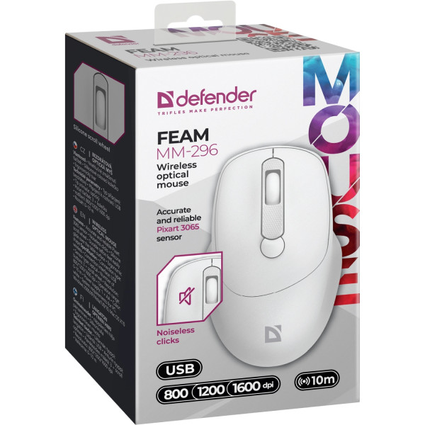 Мишка Defender Feam MM-296, бездротова, 4кн. до 1600 dpi, безшумна, біла