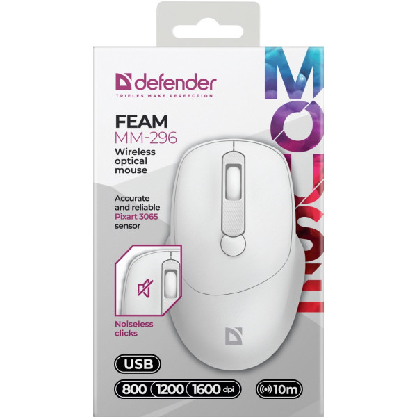 Мишка Defender Feam MM-296, бездротова, 4кн. до 1600 dpi, безшумна, біла