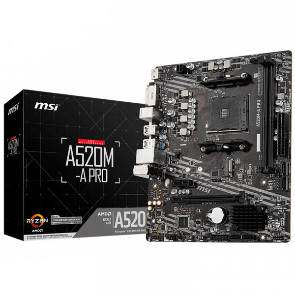 MSI A520M-A PRO (AM4/A520, 2*DDR4, PCIex16, DVI-D/HDMI, 4xSATAІІІ, M.2, GLan, 8ch, mATX)