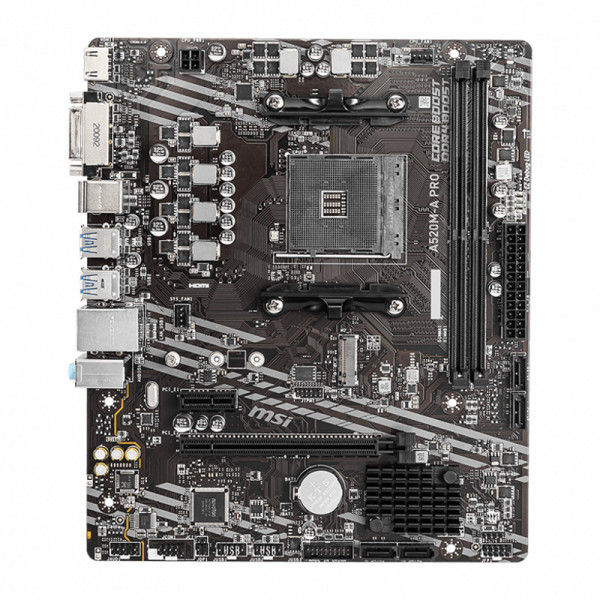MSI A520M-A PRO (AM4/A520, 2*DDR4, PCIex16, DVI-D/HDMI, 4xSATAІІІ, M.2, GLan, 8ch, mATX)