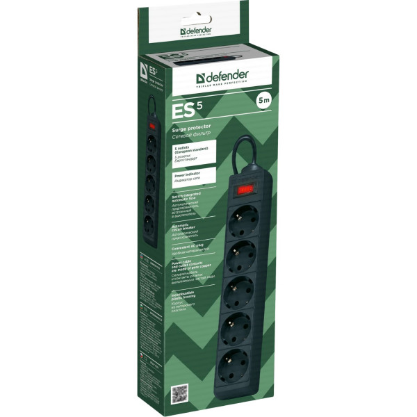 Power filtr 5,0м Defender ES, чорний, 5 розеток, з вимикачем