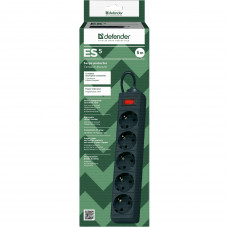 Power filtr 5,0м Defender ES, чорний, 5 розеток, з вимикачем