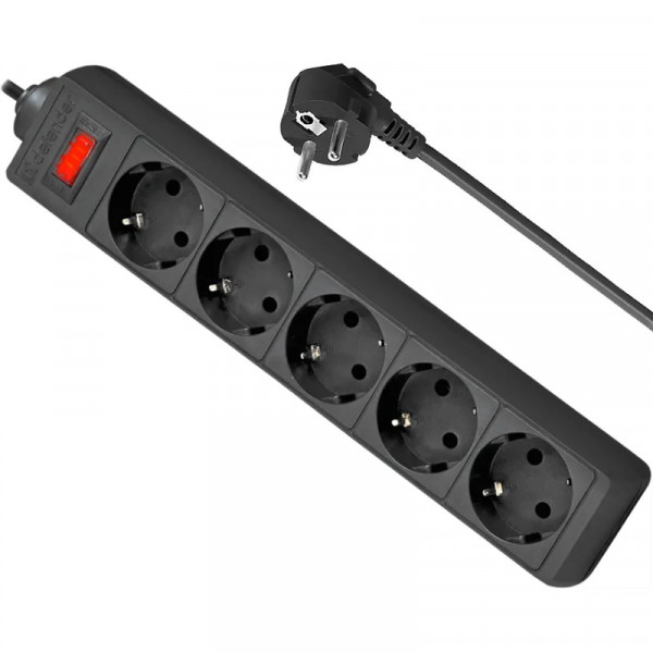 Power filtr 5,0м Defender ES, чорний, 5 розеток, з вимикачем