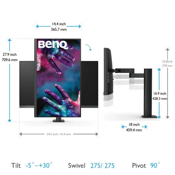 TFT 27" BenQ PD2705UA, IPS, 4K UHD, 99% sRGB, HDMI, DP, USB-C, USB-hub, HAS, колонки, темно-сірий