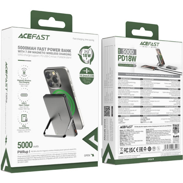 УМБ Acefast Magnetic Wireless 5000mAh 18W PD,QC3.0 USB-C In/Out,with holder, ультра тонкий M16 Black
