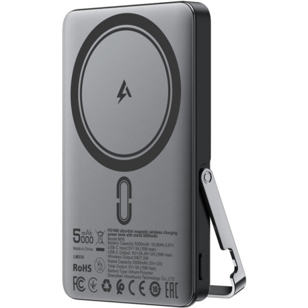 УМБ Acefast Magnetic Wireless 5000mAh 18W PD,QC3.0 USB-C In/Out,with holder, ультра тонкий M16 Black