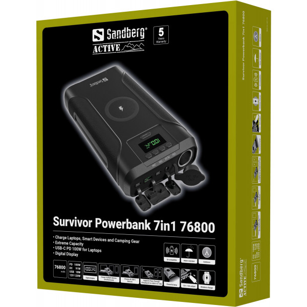 УМБ Sandberg Survivor 76800mAh DC91W PD100W,2xUSB-С+USB-A18W,Cigar Lighter120W,QI-15W,наскрізне живл