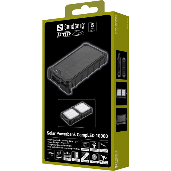 УМБ сонячна Sandberg 10000mAh 22,5W PD Solar Powerbank CampLED, USB-A,USB-C In/Out, PowerThru