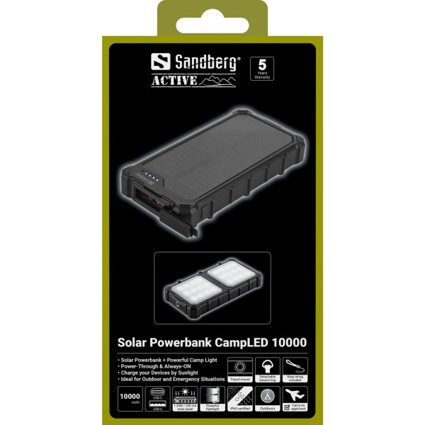 УМБ сонячна Sandberg 10000mAh 22,5W PD Solar Powerbank CampLED, USB-A,USB-C In/Out, PowerThru