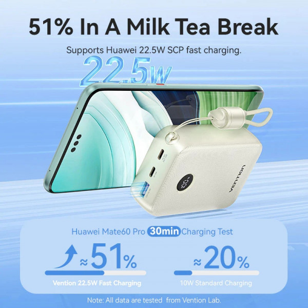 УМБ Vention 20000mAh 22,5W Fast Charging, USB-A, 2xUSB-C, with built-in USB-C cable, Beige