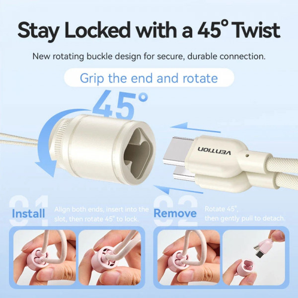 УМБ Vention 20000mAh 22,5W Fast Charging, USB-A, 2xUSB-C, with built-in USB-C cable, Beige