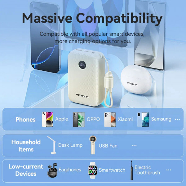 УМБ Vention 20000mAh 22,5W Fast Charging, USB-A, 2xUSB-C, with built-in USB-C cable, Beige