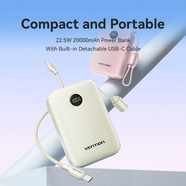 УМБ Vention 20000mAh 22,5W Fast Charging, USB-A, 2xUSB-C, with built-in USB-C cable, Beige