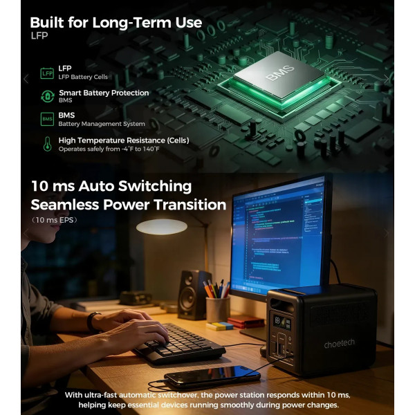 Зарядна станція Choetech BS068 1200Вт (1024Вт/г) AC,LiFePo4,MPPT, UPS, USB-C PD100 Вт