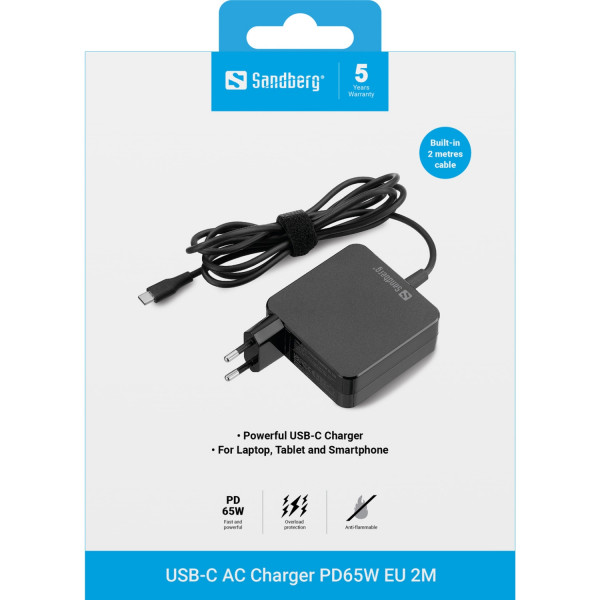 Зарядний пристрій 1xUSB 65W (USB-C) Gan, для ноутбуків, built in cable 2m, чорний Sandberg