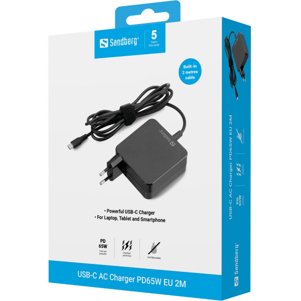 Зарядний пристрій 1xUSB 65W (USB-C) Gan, для ноутбуків, built in cable 2m, чорний Sandberg