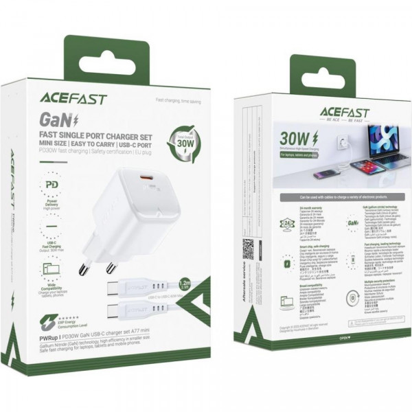 Зарядний пристрій 1xUSB-C 30W Gan A77 mini + USB-C cable Fast Charger White Acefast