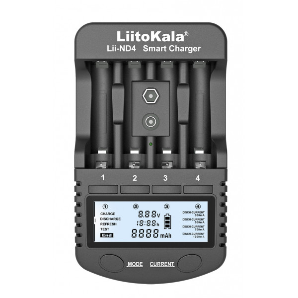 Зарядний пристрій LiitoKala Lii-ND4, 4x(NiMH/NiCd) + 1*9V(крона), discharge function, display