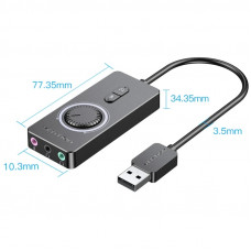 Звукова карта USB AUX jack, 3*TRRS (Mic +2xEar) 1.0м, регулятор гучності, зовнішня, Metal, Vention