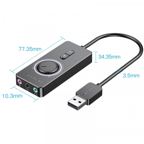 Звукова карта USB AUX jack, 3*TRRS (Mic +2xEar) 1.0м, регулятор гучності, зовнішня, Metal, Vention
