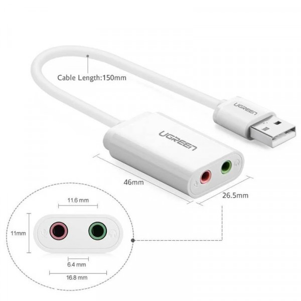 Звукова карта USB AUX jack, TRRS (Mic + Ear), ALC4042 15cm Ugreen Біла US205