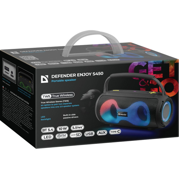 Акустична система 1.0 Defender S450, 10Вт RGB/BT/FM/USB/TF/AUX/TWS чорна