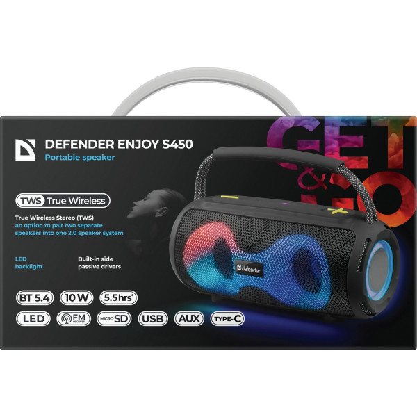 Акустична система 1.0 Defender S450, 10Вт RGB/BT/FM/USB/TF/AUX/TWS чорна