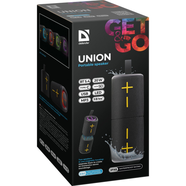 Акустична система 1.0 Defender Union 20Вт BT/USB/TF/AUX/2-in-1/RGB чорна