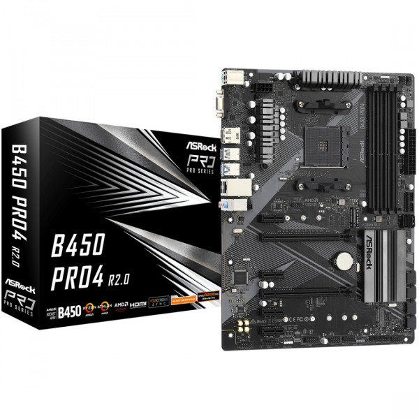ASRock B450 PRO4 R2.0 (AM4/B450, 4*DDR4, PCIex16, DP, HDMI, VGA, 6xSATAІІІ, M.2,GLan, 8ch, ATX)