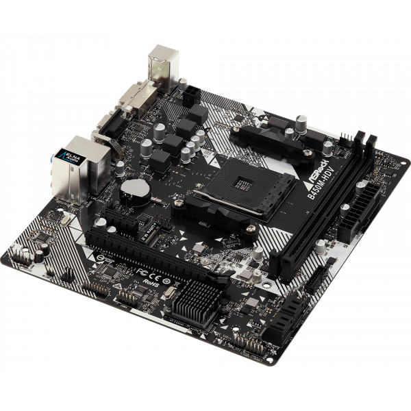 ASRock B450M-HDV R4.0 (AM4/B450, 2*DDR4, PCIex16, DVI-D/HDMI/VGA, 4xSATAІІІ, M.2, GLan, 8ch, mATX)