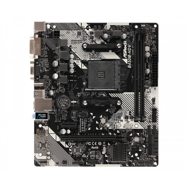 ASRock B450M-HDV R4.0 (AM4/B450, 2*DDR4, PCIex16, DVI-D/HDMI/VGA, 4xSATAІІІ, M.2, GLan, 8ch, mATX)