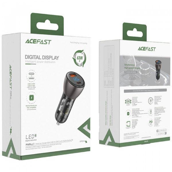 Автозарядка 2xUSB 63W (USB-C + USB-A) B6 with digital display Acefast