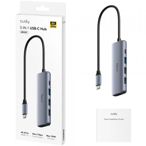 Док станція USB3.0 Type-C -> HDMI 4К30Hz,Type-C PD 100Вт,1хUSB-A 3.0 5 Гбіт/с,2хпередачі даних USB-