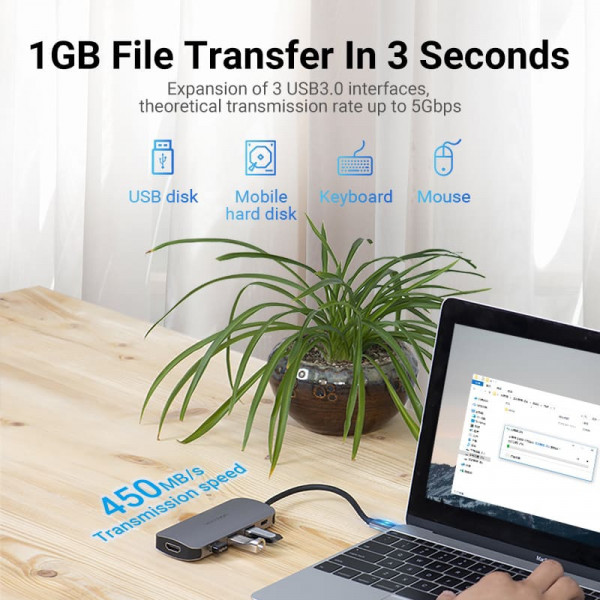 Док-станція USB3.1 Type-C -> HDMI 4K30Hz/USB 3.0х3//PD 100W 5-in-1 Vention
