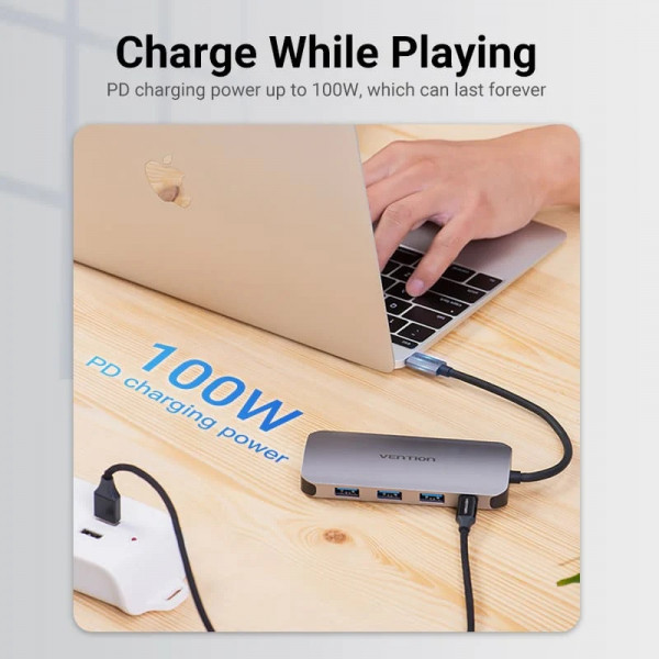 Док-станція USB3.1 Type-C -> HDMI 4K30Hz/USB 3.0х3//PD 100W 5-in-1 Vention