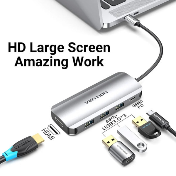 Док-станція USB3.1 Type-C -> HDMI 4K30Hz/USB 3.0х3//PD 100W 5-in-1 Vention