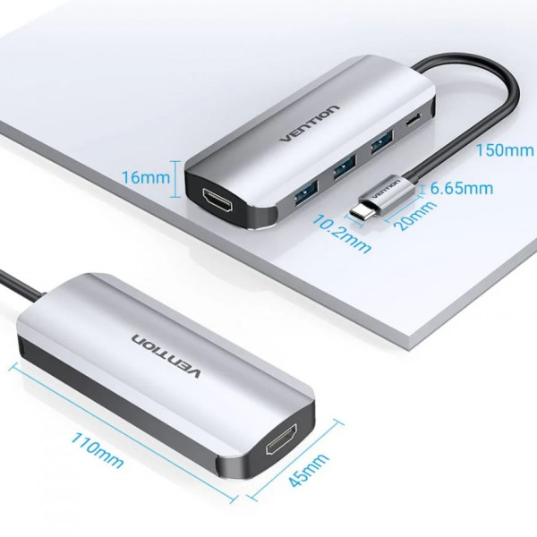 Док-станція USB3.1 Type-C -> HDMI 4K30Hz/USB 3.0х3//PD 100W 5-in-1 Vention