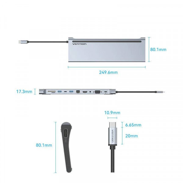 Док-станція USB3.1 Type-C -> HDMI 4K30Hz/VGA/USB3.0x3/RJ45/SD/TF/TRRS 3.5mm/PD 100W Vention 11in1