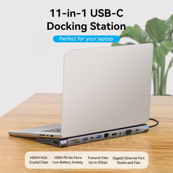 Док-станція USB3.1 Type-C -> HDMI 4K30Hz/VGA/USB3.0x3/RJ45/SD/TF/TRRS 3.5mm/PD 100W Vention 11in1