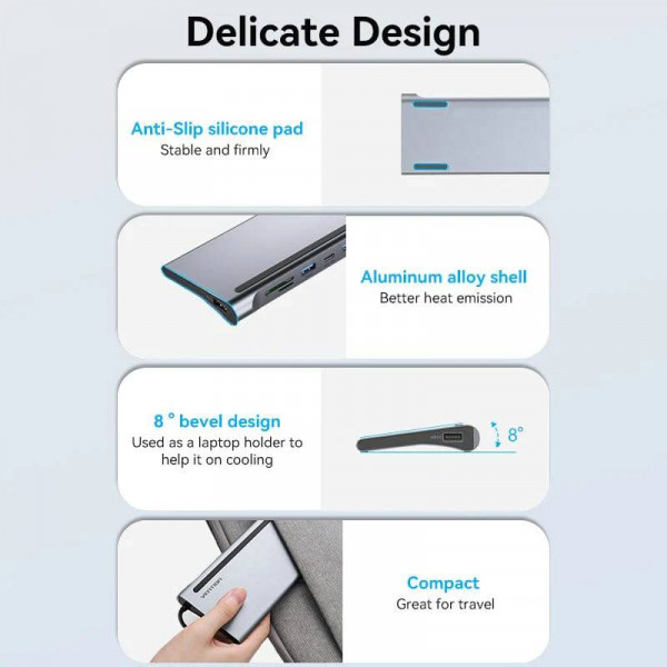 Док-станція USB3.1 Type-C -> HDMI 4K30Hz/VGA/USB3.0x3/RJ45/SD/TF/TRRS 3.5mm/PD 100W Vention 11in1