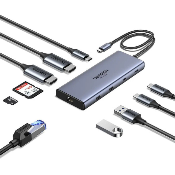 Док-станція USB3.2 Type-C -> HDMIx2,4K60Hz/2xUSB-A/2xUSB-C 3.2/ RJ45/SD/TF/PD 100W CM639 Ugreen