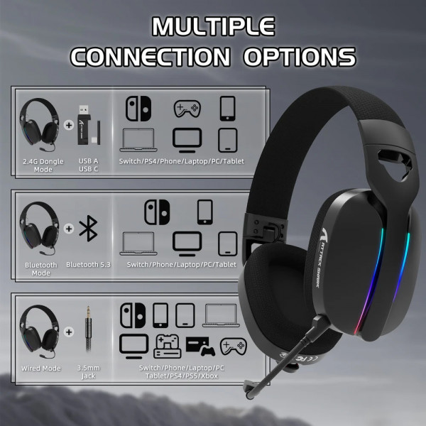 Ігрова гарнітура Attack Shark L90 Wireless,2.4GHz/Bluetooth/3.5mm PS4/PS5/Switch/Xbox/Mac/PC Black