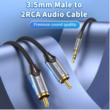 Кабель AUX Audio TRS - RCAx2 M/M 1.5 м, Gold-Plated, Aluminum alloy, чорний, Vention