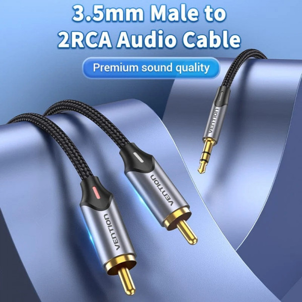 Кабель AUX Audio TRS - RCAx2 M/M 1.5 м, Gold-Plated, Aluminum alloy, чорний, Vention