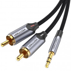Кабель AUX Audio TRS - RCAx2 M/M 1.5 м, Gold-Plated, Aluminum alloy, чорний, Vention
